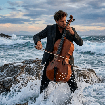 Un hombre tocando el violonchelo de pie sobre unas rocas con las olas del océano salpicando a su alrededor.